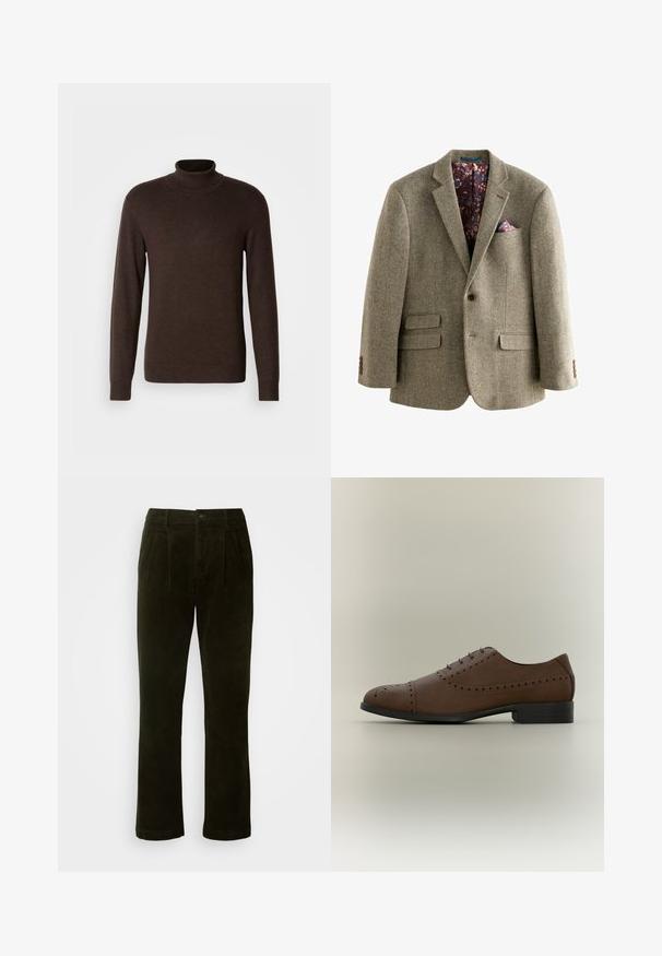 Blazer de tweed con patrón de pata de gallo en marrón claro, con un interior forrado de flores oscuras, solapas de muesca y dos bolsillos frontales con acentos de botón.; Suéter marrón de cuello alto hecho de material suave, con mangas largas y un cuello acanalado. Textura suave con un diseño ajustado.; Pantalones de pana verde oscura con pierna recta, que presentan pliegues frontales, un cierre de botón y un acabado de textura suave.; Zapato de vestir Oxford de cuero marrón con detalles perforados y suela negra, visto desde un lado sobre un fondo neutro.