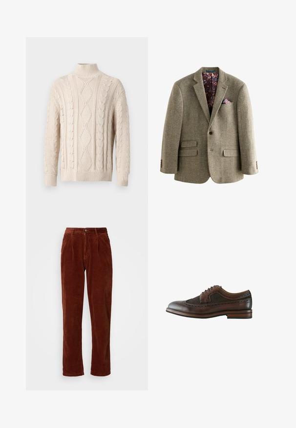 Houndstooth-patroon tweed blazer in lichtbruin, met een interieur gevoerd met donkere bloemen, notch-lapels en twee voorzakken met knoopaccenten.; Crème-kleurige kabelgebreide coltrui met diamanten en gevlochten patronen, met geribbelde manchetten en onderrand, tentoongesteld op een effen achtergrond.; Katoenen corduroy broek in een rijke bruine kleur; heeft een geplooide voorkant, rechte pijpen en een knoopsluiting bij de taille.; Donkerbruine leren wingtip brogue schoen met decoratieve perforaties, vetersluiting en houten zool met gelaagde hak.