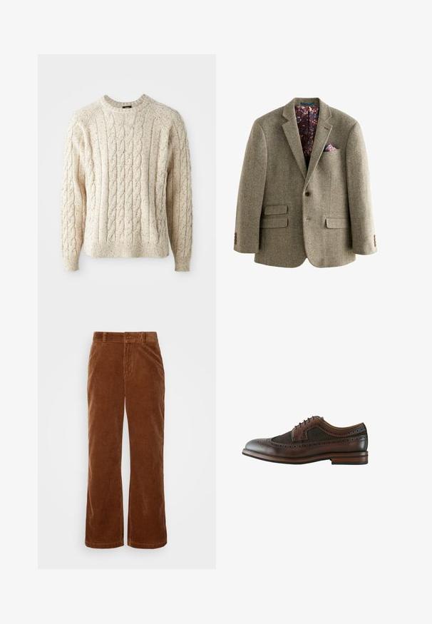 Hahnentritt-Muster Tweed-Blazer in Hellbraun mit einem dunkelblumigen Innenfutter, Reverskragen und zwei vorderen Taschen mit Knopf-Details.; Cremfarbener Kabelstrickpullover mit Rundhalsausschnitt, strukturiertem Muster und gerippten Bündchen und Saum. Hergestellt aus weicher, dicker Wolle.; Braune Cordhosen mit einem weit geschnittenen Design, das eine vertikale Rippstruktur, einen Knopfverschluss und standardmäßige Gürtelschlaufen aufweist.; Dunkelbrauner Leder-Wingtip-Brogue-Schuh mit dekorativen Perforationen, Schnürverschluss und Holzsohle mit mehrlagigem Absatz.