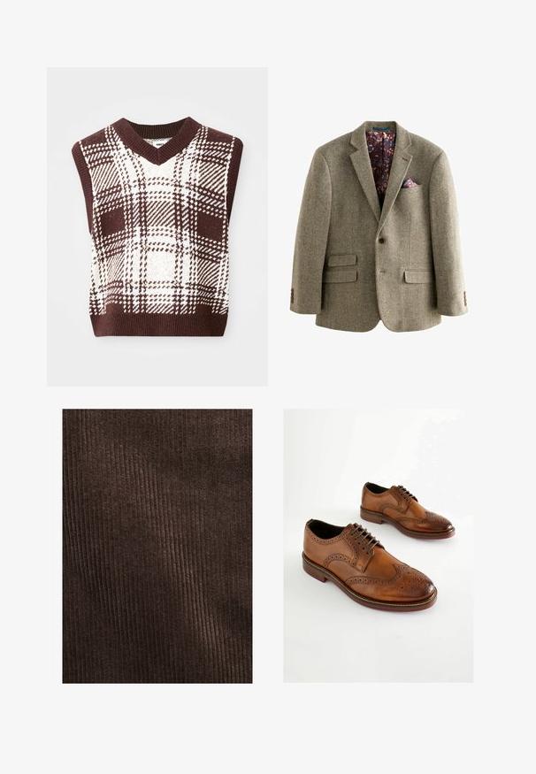 Houndstooth-patroon tweed blazer in lichtbruin, met een interieur gevoerd met donkere bloemen, notch-lapels en twee voorzakken met knoopaccenten.; Bruine en crèmekleurige geblokte gebreide mouwloze trui met een V-halsontwerp en geribbelde rand, voorzien van verschillende ruitpatronen en texturen.; Bruin corduroy stof met verticale ribbels, zachte textuur en een diepe, rijke kleur, geschikt voor bekleding of kleding.; Bruine leren Oxford-schoenen met geperforeerde details, vetersluiting en een ronde neus. Gladde textuur en contrasterende zool.
