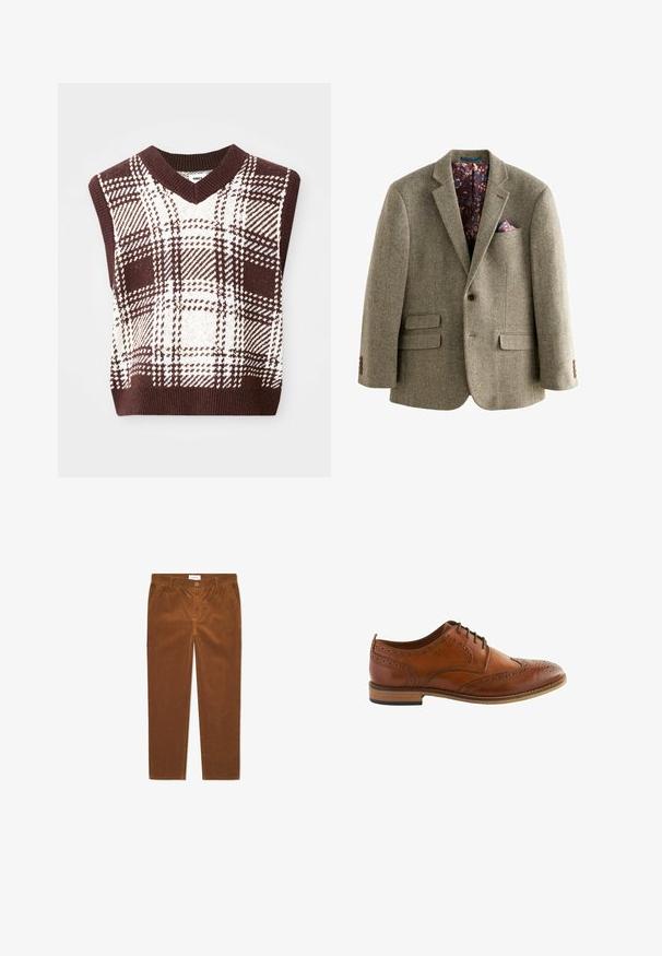 Blazer z houndstooth vzorom z tweedu v svetlo hnedej farbe, s tmavou kvetinovou podšívkou, klopovými reverzami a dvoma prednými vreckami s gombíkovými detailmi.; Hnedo-krémový károvaný pletený sveter bez rukávov s výstrihom do V a ribbovým lemom, ktorý obsahuje rôzne vzory a textúry. ; Hnedé kordové nohavice s rovnýmm strihom, s prednými vreckami, zapínaním na gombík a vertikálnym pruhovaným vzorom.; Pánska hnedá kožená brogue Oxford topánka s krídlovými dierkami a čiernymi šnúrkami, drevenou podrážkou a nízkym opätkom.