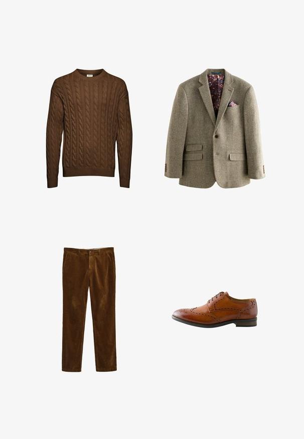 Blazer z houndstooth vzorom z tweedu v svetlo hnedej farbe, s tmavou kvetinovou podšívkou, klopovými reverzami a dvoma prednými vreckami s gombíkovými detailmi.; Hnedý pletený sveter so vzorom, s dlhými rukávmi, rebrovanými manžetami a spodným lemom a okrúhlym výstrihom, zobrazený na bielom pozadí.; Hnedé korduroy nohavice so strihom s rovnými nohavicami, so zapínaním na prednom gombíku a dvoma bočnými vreckami. Textúrovaná tkanina s rebrovaným vzorom.; Hnedá kožená pánska brogue obuv so špecifickou perforáciou (wingtip) a čiernymi šnúrkami, zobrazená z vonkajšej strany.