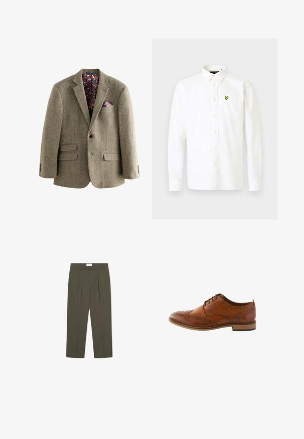 Blazer de tweed con patrón de pata de gallo en marrón claro, con un interior forrado de flores oscuras, solapas de muesca y dos bolsillos frontales con acentos de botón.; Camisa blanca de manga larga de algodón con cuello abotonado, que presenta un bolsillo en el pecho y un pequeño logotipo amarillo en el lado izquierdo.; Pantalones verde oliva con rayas verticales, que cuentan con una cintura entallada, pliegues y un diseño de pierna recta. Textura suave.; Zapato brogue de cuero marrón con perforaciones detalladas, punta redondeada, diseño de cordones y suela de madera marrón medio.
