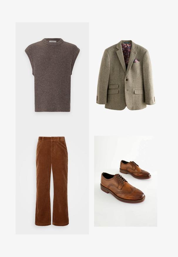 Blazer z houndstooth vzorom z tweedu v svetlo hnedej farbe, s tmavou kvetinovou podšívkou, klopovými reverzami a dvoma prednými vreckami s gombíkovými detailmi.; Hnedý pletený top bez rukávov s ryhovanou textúrou, vysokým výstrihom a bočnými rozparkom. Má priliehavý lem a mäkký materiál.; Hnedé kordové nohavice so širokým strihom, s vertikálnou rebrovou textúrou, s gombíkovým zapínaním a štandardnými pútkami na opasok.; Hnedé kožené oxfordské topánky s perforovanými detailmi, šnurovací uzatváranie a zaoblenou špičkou. Hladký povrch a kontrastná podrážka.