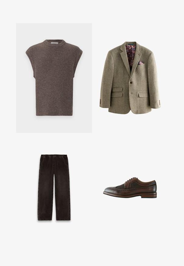 Blazer z houndstooth vzorom z tweedu v svetlo hnedej farbe, s tmavou kvetinovou podšívkou, klopovými reverzami a dvoma prednými vreckami s gombíkovými detailmi.; Hnedý pletený top bez rukávov s ryhovanou textúrou, vysokým výstrihom a bočnými rozparkom. Má priliehavý lem a mäkký materiál.; Tmavohnedé manžestrové nohavice s elastickým pásom a priamymi nohavicami, položené na bielom pozadí.; Tmavohnedá kožená brogue topánka typu wingtip s dekoratívnymi perforáciami, zaväzovaním na šnúrky a drevenou podrážkou s viacvrstvovým podpätkom.