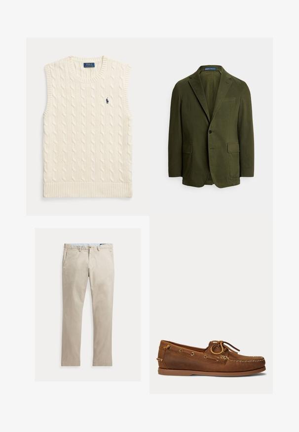 Olivengrøn blazer i bomuldsstof med enkel knaplukning, hakket revers, to lommer foran og en brystlomme. Enkel, struktureret design.; Kremfarvet kabelstrikket ærmeløs sweatervest med ribkanter og lille mørkeblå Polo Ralph Lauren-logo på venstre bryst.; Beige bomuldsbukser med lige ben, forlommer, bæltestropper, knaplukning og lynlås, lagt fladt på en hvid baggrund.; Brun læder bådsko med mokasinsyning, snøredetalje træde gennem metaløjer og flad gummi sål vist fra siden.