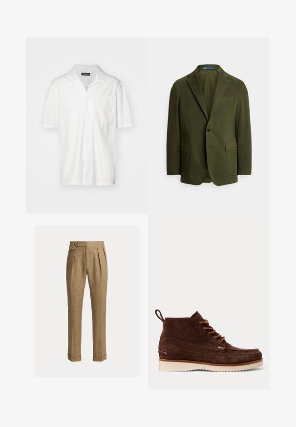 Olijfgroene blazer van katoen, sluiting met één knoop, notched revers, twee voorzakken en een borstzak. Eenvoudig, gestructureerd ontwerp.; Korte mouwen witte shirt in een katoenmix, met een puntkraag, een borstzak en een subtiele geborduurde accent aan de linkerkant.; Bruine geruite broek met hoge taille, plooien, zijzakken, knoopsluiting aan de zijkant, omgeslagen zoom en rechte, op maat gemaakte pijpen.; Bruine suède enkellaars met veter aan de voorkant, stikseldetails, hieltreklus en witte geribbelde zool op een effen achtergrond.