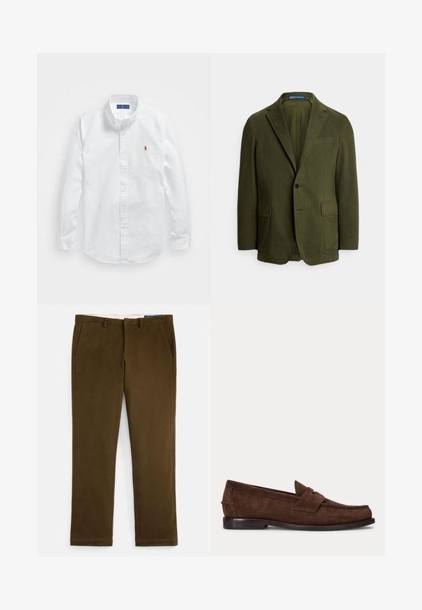 Olivgrüner Blazer, Baumwollstoff, mit Einzelknopfverschluss, Revers mit Kerbe, zwei Vordertaschen und Brusttasche. Schlichtes, strukturiertes Design.; Weißes Baumwollhemd mit Knopfverschluss, klassischem Kragen, langen Ärmeln und einem kleinen gestickten Logo auf der linken Brust.; Braune Baumwoll-Chinos mit glattem Finish, flacher Vorderseite, Seitentaschen und geraden Beinen. Mit einem dezenten Stichausführungsdetail entlang der Säume.; Brauner Wildleder-Pennyloafer mit niedrigem Absatz und sichtbarer Naht an Zehen-, Seiten- und Rückbereich, dargestellt auf hellem, einfarbigem Hintergrund.