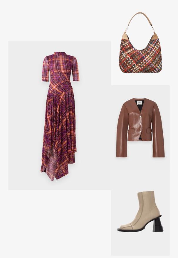 Bruine nepleer blazer met een V-hals, lange mouwen, voorknopsluiting en twee steekzakken aan de voorkant. Gladde textuur met een lichte glans.; Paarse en oranje geruite jurk met korte mouwen, een nepbies, een asymmetrische zoom en vloeiende plooien met een mix van geometrische patronen.; Beige leren enkellaars met vierkante neus, zichtbare stiksels en een stevige zwarte gevormde blokhak op een witte achtergrond.; Handgeweven meerkleurige leren schoudertas met beige leren accenten en een enkele tan handgreep met metalen sluitingen.