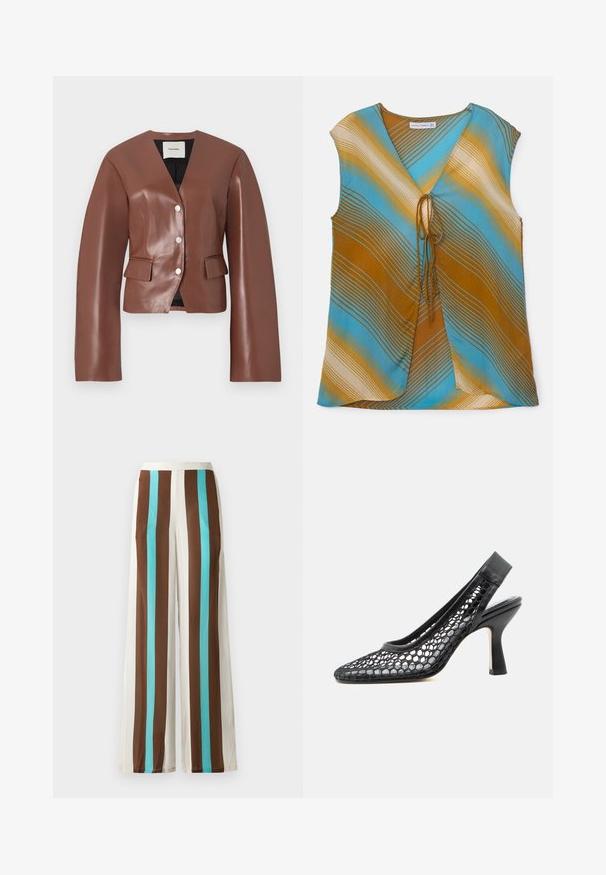Brauner Kunstleder-Blazer mit V-Ausschnitt, langen Ärmeln, knopflos geschlossener Vorderseite und zwei vorderen Taschen. Glatte Textur mit leichtem Glanz.; Mehrfarbiges ärmelloses Oberteil in Blau, Braun und Creme mit wellenförmigen Streifen. Verfügt über einen V-Ausschnitt und ein Bindedetail an der Vorderseite.; Weite Hosen mit braunen, cremefarbenen und türkisfarbenen vertikalen Streifen. Hergestellt aus leichtem Stoff mit glatter Textur und elastischem Bund.; Schwarzer Slingback-Pumps mit hohem Absatz, Mesh-Obermaterial mit sechseckigem Muster und spitzer Zehenpartie vor weißem Hintergrund.