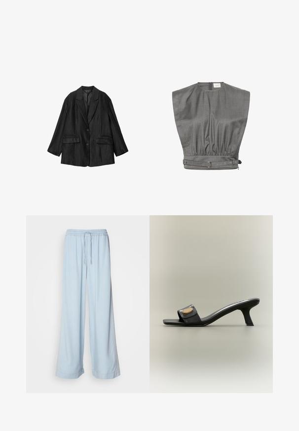 Schwarzer maßgeschneiderter Blazer mit Spitzklappen, zwei Knöpfen, Pattentaschen und langen Ärmeln, flach auf weißem Hintergrund gezeigt.; Graues ärmelloses Oberteil mit hohem Kragen, taillierter Taille und metallischem Schnallendetail. Hergestellt aus strukturiertem Stoff mit subtiler Textur.; Helle blaue weite Hose mit elastischem Bund und Kordelzug, aus glattem Stoff und mit dezenten Nähten an den Seiten.; Schwarze Mule-Sandale mit offenem Zehenbereich, mittelhohem geschwungenem Absatz und goldener ovaler Verzierung auf dem breiten Vorderriemen, vor neutralem Hintergrund.