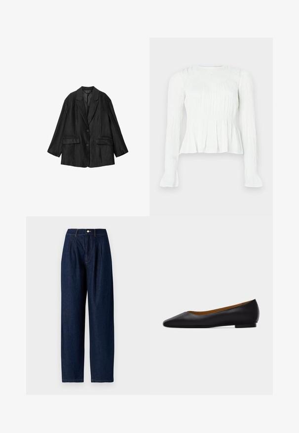 Čierny na mieru šitý blazer s vyrezanými klopami, dvoma gombíkmi, náprsnými vreckami a dlhými rukávmi, zobrazený na bielom pozadí.; Biela blúzka s dlhým rukávom so záhybmi, nariaseným živôtikom a rozšírenými manžetami na jednoliatom pozadí.; Tmavomodré džínsové nohavice s vysokým pásom, širokými nohavicami, prednými skladmi, strieborným zapínaním na gombík a žltými stehovými akcentmi.; Čierna kožená dámska obuv s ostrou špičkou, nízkym podpätkom a hladkým povrchom, zobrazená z boku na svetlošedom pozadí.