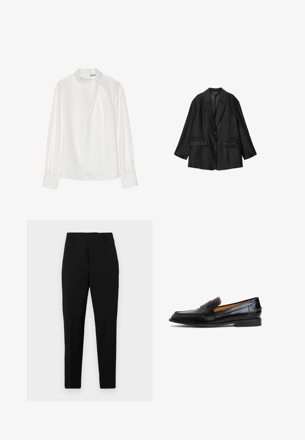 Sort skræddersyet blazer med hakrevers, to knapper, klaplommer og lange ærmer, vist fladt mod en hvid baggrund.; Hvid bluse med høj hals, lange puffærmer og lynlås bagpå. Glat stof med en let glans og subtil drapering.; Sorte bukser med en skræddersyet pasform, der har sidelommer, en glat tekstur og et strømlinet design, der bliver smalere mod anklerne.; Sorte læder loafers med et elegant design, der har en bred rem over vristen, rund tå og flad sål. Glat tekstur med minimal syning.