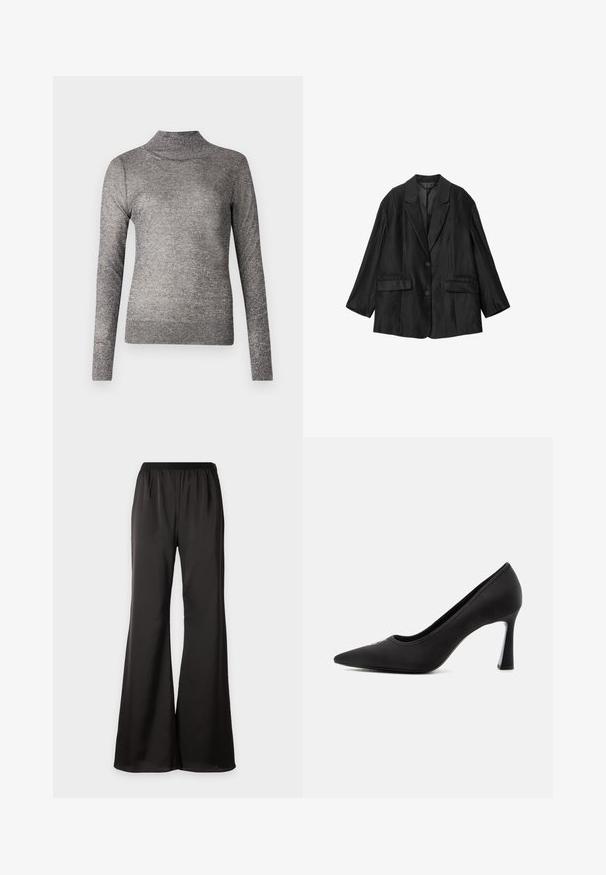Musta räätälöity bleiser lovikauluksilla, kahdella napilla, läppätaskuilla ja pitkillä hihoilla, esitettynä tasaisena valkoista taustaa vasten.; Harmaa turtleneck-paita, jossa on pitkät hihat, valmistettu kimaltavasta neulekankaasta. Ominaisuuksiin kuuluu istuva muotoilu ja ribbireunus.; Mustat leveälahkeiset housut, joissa joustava vyötärö, valmistettu sileästä, laskeutuvasta kankaasta, esitetty yksinkertaista valkoista taustaa vasten.; Musta kärjest terävä korkokengän malli, jossa on sileä pinta ja ohut kaareva korko, yksinkertaisen vaalean taustan edessä.