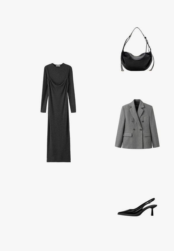 Blazer gris croisé avec un motif discret à carreaux, revers crantés, deux poches avant à rabat et une poche poitrine passepoilée.; Robe longue gris foncé en tissu doux ; comprend des manches longues, un col rond et un détail drapé à l'avant.; Escarpin slingback en cuir verni noir avec bout pointu, talon bloc de hauteur moyenne et bride réglable à boucle sur fond blanc.; Sac à bandoulière en cuir noir avec une sangle unique et des détails de fermeture éclair et de quincaillerie dorés sur fond blanc.