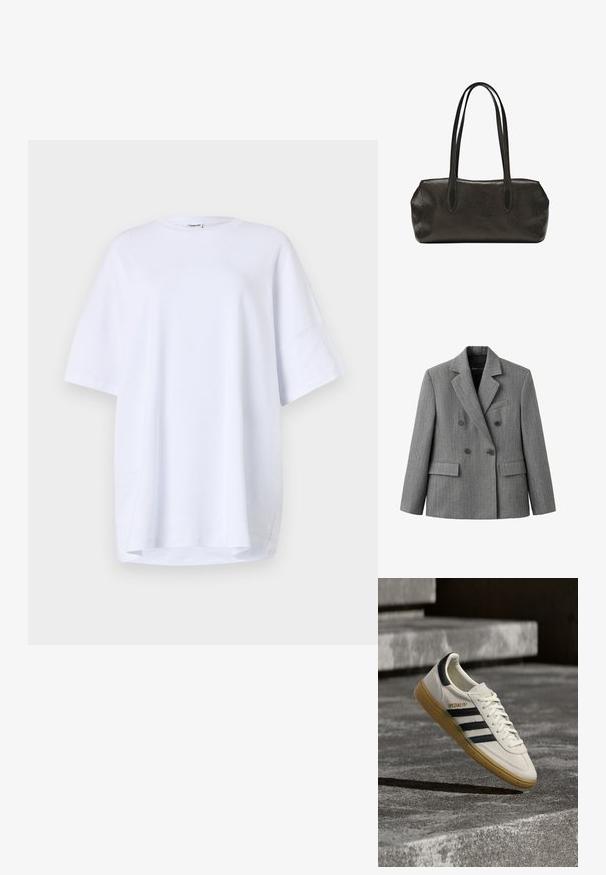 Grå dobbeltradet blazer med et subtilt ternet mønster, hakkraver, to forlommer med klap og en brystlomme med kant.; Kortærmet, oversized hvid t-shirt lavet af bomuld. Rund halsudskæring, sidesprækker ved kanten og glat tekstur uden synlige mønstre eller detaljer.; Hvid Adidas Spezial sneaker med sorte striber og gummisål, svævende over grå stentrin udendørs.; Sort lædertaske i rektangulær form med lange dobbelte skulderremme og en struktureret overflade, vist mod en ensfarvet hvid baggrund.