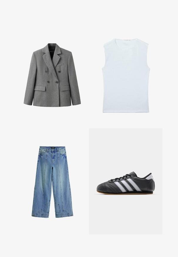 Grå dobbeltradet blazer med et subtilt ternet mønster, hakkraver, to forlommer med klap og en brystlomme med kant.; Ærmeløs hvid bomulds tanktop med rund halsudskæring og et enkelt, ensfarvet design.; Lysblå, brede jeans i denim med høj talje, markante syninger og lappe-lignende detaljer på baglommerne.; Sorte lædersportssko med hvide striber, rund tå, flad sål og snørelukning. Har perforeringer for åndbarhed.