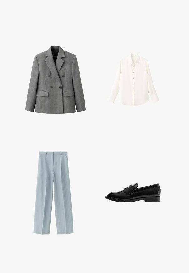 Blazer gris croisé avec un motif discret à carreaux, revers crantés, deux poches avant à rabat et une poche poitrine passepoilée.; Chemise blanche à manches longues avec col classique et fermeture boutonnée à l'avant ; elle est conçue dans un tissu léger et lisse avec un ourlet arrondi.; Pantalon tailleur bleu clair à fines rayures, avec passants de ceinture, poches latérales et fermeture éclair à l'avant.; Mocassin en cuir noir avec une finition brillante, bout légèrement pointu, design sans lacets, et un petit talon rectangulaire avec détails cousus.