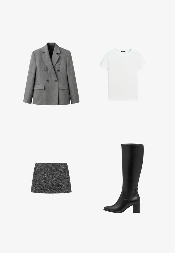 Grå dobbeltradet blazer med et subtilt ternet mønster, hakkraver, to forlommer med klap og en brystlomme med kant.; Almindelig hvid T-shirt med korte ærmer, rund halsudskæring og lille sort label inden i kraven.; Sort, glitrende mininederdel med en tætsiddende silhuet; har et tekstureret stof med en diskret glans over det hele. Ingen synlige metaldele.; Sorte knæhøje støvler lavet af glat læder. De har en spids tå, blokhæle og elastiske sidepaneler for nem påtagning.