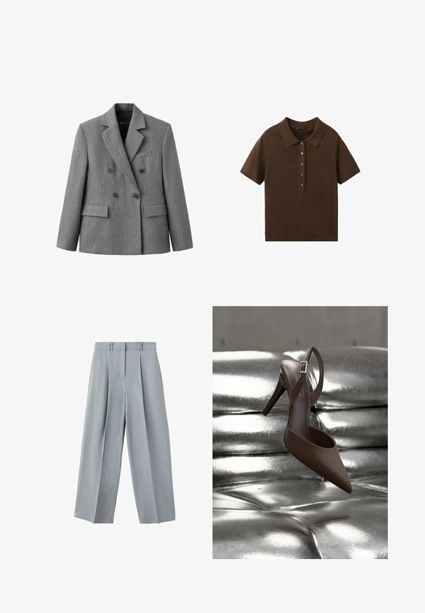 Blazer gris croisé avec un motif discret à carreaux, revers crantés, deux poches avant à rabat et une poche poitrine passepoilée.; Polo en maille brun à manches courtes avec cinq boutons sur le devant et un col classique, présenté sur fond blanc.; Pantalon large gris clair avec plis sur le devant, passants pour ceinture et fermeture avant dissimulée.; Chaussure à talon haut marron à bout pointu avec bride arrière et boucle dorée reposant sur une surface argentée brillante capitonnée.