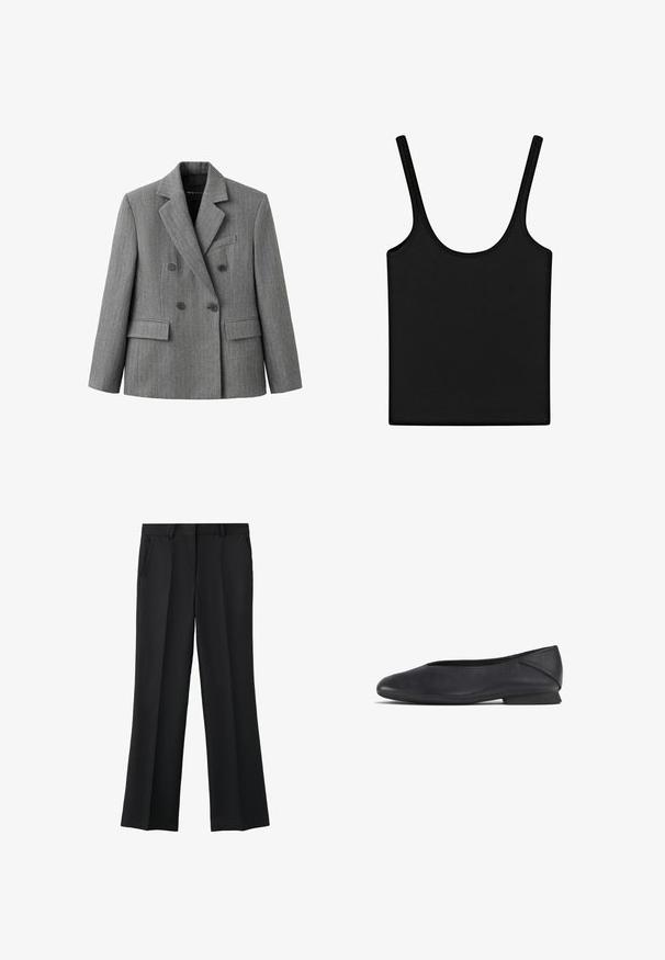 Grijze dubbelgeknoopte blazer met een subtiel ruitpatroon, notch-revers, twee voorzakken met klep en een borstzak.; Zwarte mouwloze tanktop met dunne bandjes en een ronde halslijn, plat gelegd op een witte achtergrond.; Zwarte formele broek met rechte pijpen, voorplooi, zijzakken en ceintuurlussen, afgebeeld tegen een witte achtergrond.; Zwarte leren platte schoen met ronde teen en lage hak, ontworpen voor casual of formele gelegenheden.