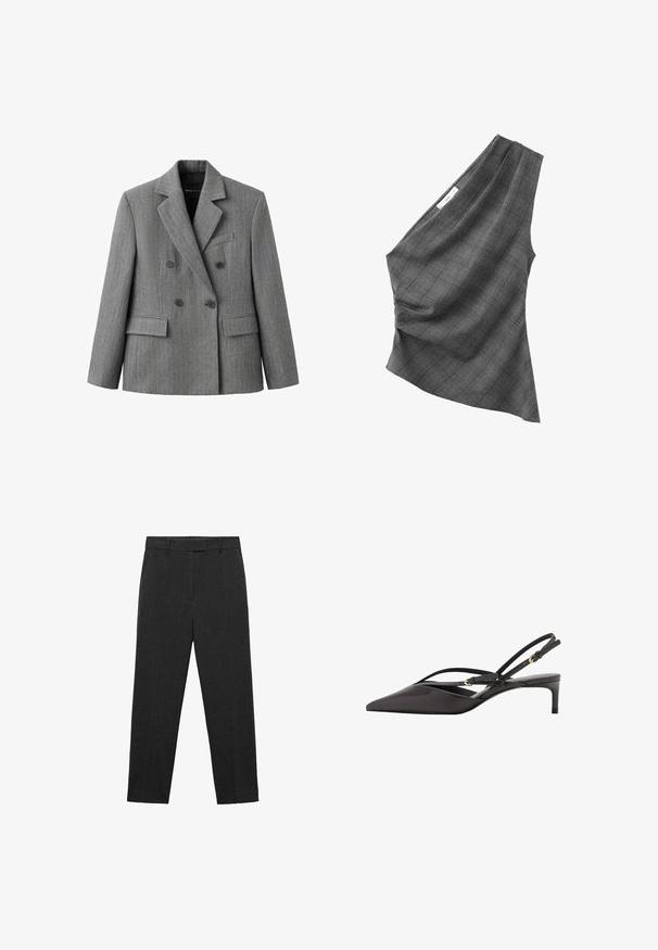 Grå dobbeltradet blazer med et subtilt ternet mønster, hakkraver, to forlommer med klap og en brystlomme med kant.; Grå asymmetrisk top med én skulder, med subtilt ternet mønster og let samling på den ene side, lavet af blødt stof.; Mørkegrå skræddersyede bukser med bæltestropper, glat front og lige ben, lagt fladt på en hvid baggrund.; Sort læder slingback pumpe med spids tå, slanke ankelremme og lav stilettohæl. Glat tekstur med minimalistisk design.