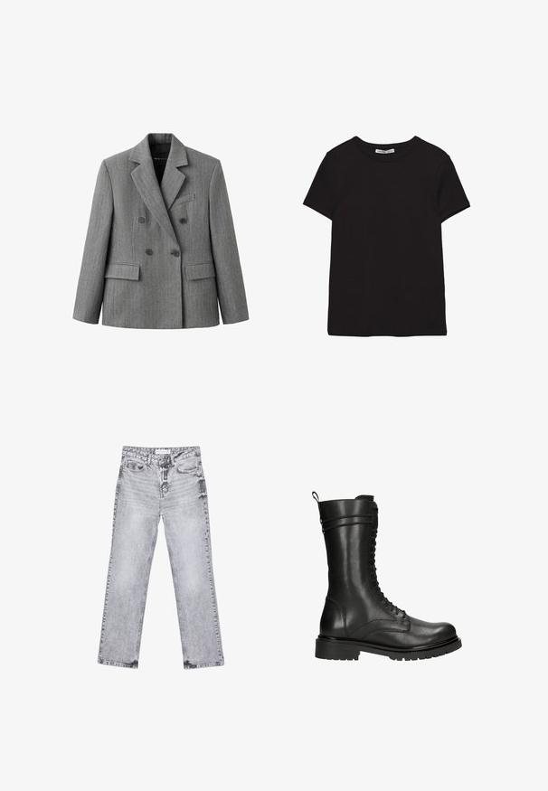 Grauer doppelt geknöpfter Blazer mit dezentem Karomuster, Stegkragen, zwei vorderen Klappentaschen und einer Brustleistentasche.; Schwarzes, kurzärmliges Baumwoll-T-Shirt mit rundem Halsausschnitt, Standardpassform und sichtbarem innerem Nackenetikett.; Graue Jeans aus Denim mit geradem Bein, mit Used-Effekten, fünf Taschen und kupferfarbenen Nieten. Der Bund verfügt über ein Logoshirt.; Schwarze Lederkampfstiefel mit hohem Schaft, Schnürverschluss und strukturiertem Finish. Ausgestattet mit einer robusten Gummisohle und einem Zugschlauf.