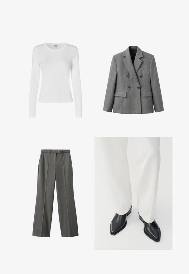 Grå dobbeltradet blazer med et subtilt ternet mønster, hakkraver, to forlommer med klap og en brystlomme med kant.; Langærmet hvid strækbar top med rund halsudskæring, glat tekstur, tætsiddende design og ribbet detaljering langs ærmerne og kanten.; Grå, brede bukser lavet af tekstureret stof. Har et bælte med en rektangulær spænde og to sidelommer. Skræddersyet pasform.; Sorte spidse ankelstøvler med en glat læderoverflade, lave blokhæle, og parret med hvide brede bukser. Enkel og moderne design.