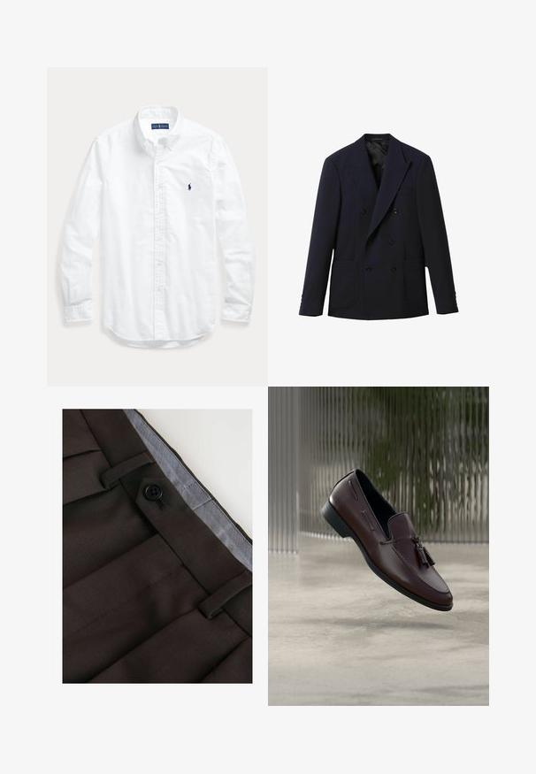 Marineblå dobbeltradet blazer med hakkeslag, seks sorte knapper, to forreste påsatte lommer og lange ærmer.; Hvid skjorte med lange ærmer, knapper og krave, med lille mørkt logo på venstre bryst, lagt fladt på en lys baggrund.; Brune skræddersyede bukser med en glat tekstur, med knaplukning, sidelommer og en kontrastfuld grå foring.; Brune læder loafers med en glat tekstur, med dekorative kvaster og en forhøjet sømdetalje, sat mod en minimalistisk baggrund.