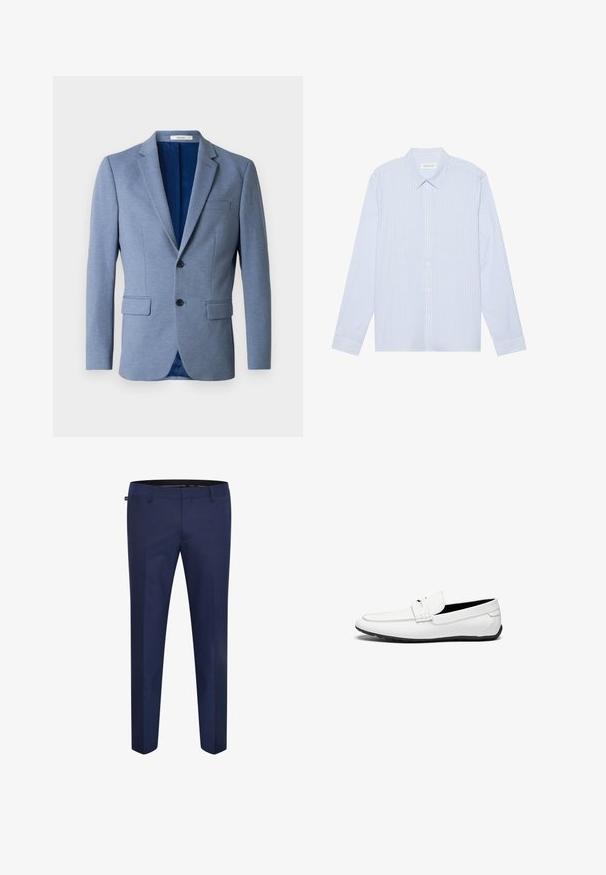 Hellblaues Herrenblazer mit zwei Knöpfen, Kerbkragen, Pattentaschen und einem dunkelblauen Innenfutter, präsentiert vor weißem Hintergrund.; Himmelblau gestreiftes Langarm-Hemd mit Knopfleiste. Verfügt über einen klassischen Kragen, weiße Knöpfe und einen glatten Baumwollmischstoff.; Marineblaue maßgeschneiderte Hose aus einem glatten Stoff, mit schmaler Passform und flacher Vorderseite ohne sichtbare Taschen oder Verzierungen.; Weiße Lederloafer mit glatter Oberfläche, featuring eine gestickte Akzent, eine abgerundete Zehe und eine schwarze Gummisohle für besseren Halt.