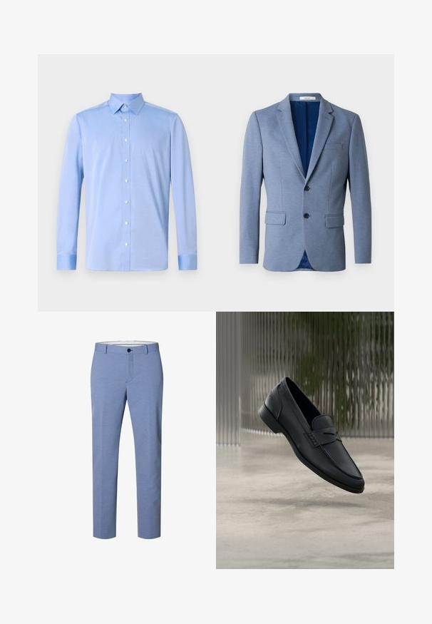 Lyseblå herreblazer med to knapper, notchede revers, klaplommer og en mørkeblå indvendig foring, vist på en hvid baggrund.; Lyseblå skjorte med lange ærmer, klassisk krave og hvide knapper. Stof virker glat med en subtil tekstur.; Lyseblå herre skræddersyede bukser med knap- og lynlåslukning, bæltestropper og slim fit design.; Sort læderloafer med glat finish, spids tå og sømdetaljer over vristen. Lav hæl og minimalistisk design.