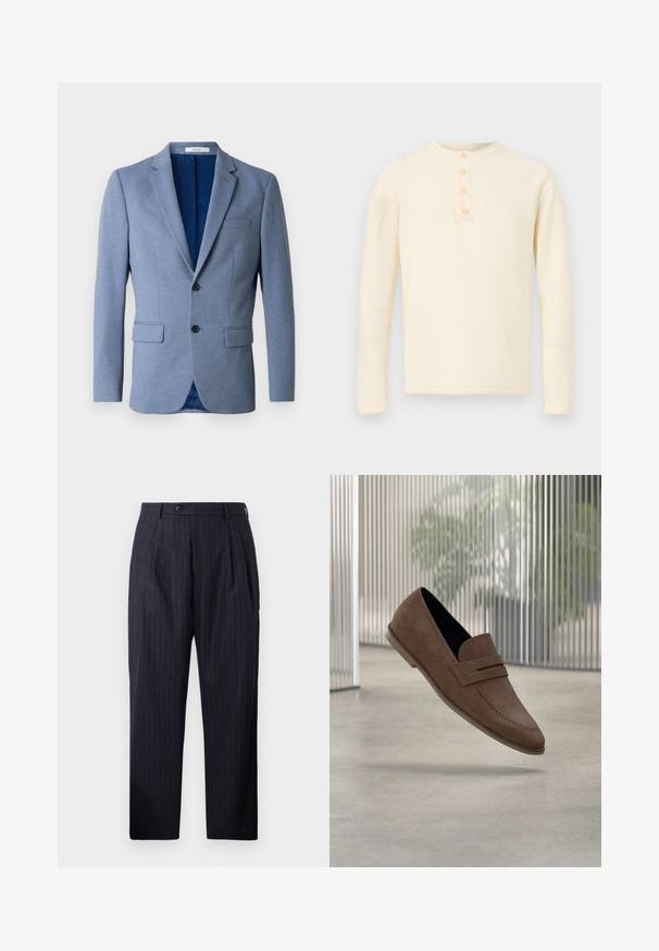 Lyseblå herreblazer med to knapper, notchede revers, klaplommer og en mørkeblå indvendig foring, vist på en hvid baggrund.; Langærmet cremefarvet henley-trøje med fire knapper på det forreste stykke, vist mod en hvid baggrund.; Marine-stribede bukser lavet af et tekstureret stof, med knaplukning, to for-pleats og lige ben-design.; Brune ruskind loafers med en glat finish, syningsdetaljer og rundet tådesign. Forhøjet sål og slip-on stil.