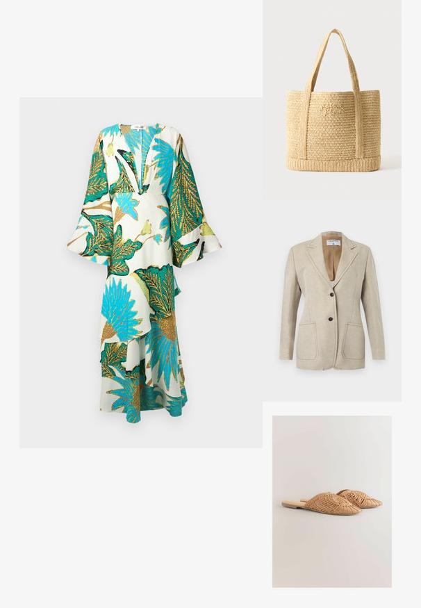 Beige skræddersyet blazer med to sorte knapper, hakket reverskrave og to forlommer, vist mod en hvid baggrund.; Lang, flydende kjole med dyb V-hals, klokkeærmer og levende tropiske bladmønstre i teal, guld og grøn på en lys baggrund.; Vævede læder slidesandaler i lysebrun, med et oversized vævet overdelsdesign og en flad sål. Spidse tæer giver et elegant udseende.; Beige flettet stråtaske med to skulderstropper og subtil kursiv broderi foran, sat mod en ensfarvet baggrund.