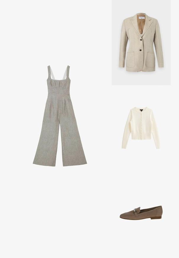 Beige op maat gemaakte blazer met twee zwarte knopen, een notched reverskraag en twee voorzakken, afgebeeld tegen een witte achtergrond.; Mouwloze beige linnen jumpsuit met brede pijpen, vierkante halslijn, getailleerde taille en subtiele naaddetails.; Crème ribgebreide cardigan gemaakt van zachte stof, met een ronde hals, lange mouwen en een voor sluiting met kleine knopen.; Beige suède instappers met een ronde neus, voorzien van een decoratieve zilveren gesp op de bovenkant en een lage gestapelde hak.