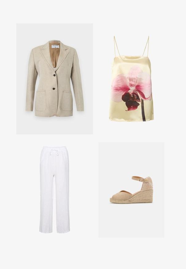 Blazer beige a medida con dos botones negros, cuello con solapa de muesca y dos bolsillos delanteros tipo parche, mostrado sobre un fondo blanco.; Top de satén crema con tirantes finos y un gran estampado de orquídea rosa y rojo oscuro en la parte frontal.; Pantalones de lino blancos con un ajuste relajado, que cuentan con una cintura elástica y cordones, y piernas rectas. Textura suave, tejido ligero.; Castañer BIANCA - Alpargatas - sand