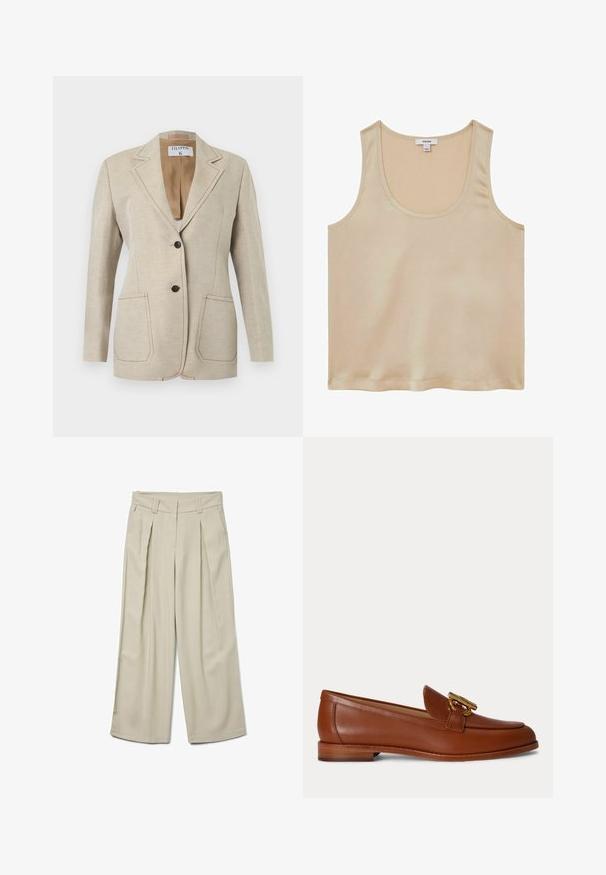 Beige skræddersyet blazer med to sorte knapper, hakket reverskrave og to forlommer, vist mod en hvid baggrund.; Reiss REGULAR FIT - Bluse - neutral; Beige vide bukser med høj talje, der har frontfolder og en glat tekstur. Skræddersyet design med bæltestropper og ingen synlige lommer.; Brun læder loafer med lav stakket hæl og guldfarvet metal spænde på toppen, vist i sideprofil på en ensfarvet baggrund.
