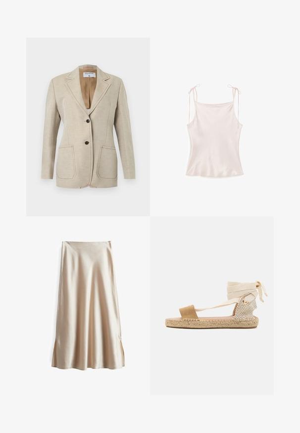 Beiger maßgeschneiderter Blazer mit zwei schwarzen Knöpfen, Reverskragen mit Kerbe und zwei vorderen aufgesetzten Taschen, vor weißem Hintergrund dargestellt.; Seidenzartes, hellrosa Camisole-Top mit dünnen Schulterriemen, die zu Schleifen gebunden sind, glatter Textur und leicht ausgestelltem Saum.; Satinrock in einem hellbeigen Farbton, mit einem glatten Material, ausgestelltem Design und seitlichen Schlitzen für bessere Bewegungsfreiheit.; Anna Field by Zalando LEATHER - Espadrille - beige