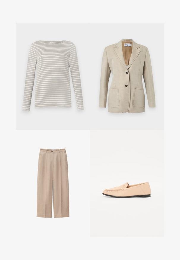 Beige skræddersyet blazer med to sorte knapper, hakket reverskrave og to forlommer, vist mod en hvid baggrund.; TOM TAILOR STRIPED BOAT NECK - Langærmet T-shirt - taupe/offwhite; Beige bukser med vide ben med forreste knap- og lynlåslukning, bæltestropper og sidelommer, lavet af tekstureret stof.; Beige læder loafers med syet detaljer, en flad sort sål og en rund tå. Minimalistisk design uden fremtrædende hardware eller accenter.