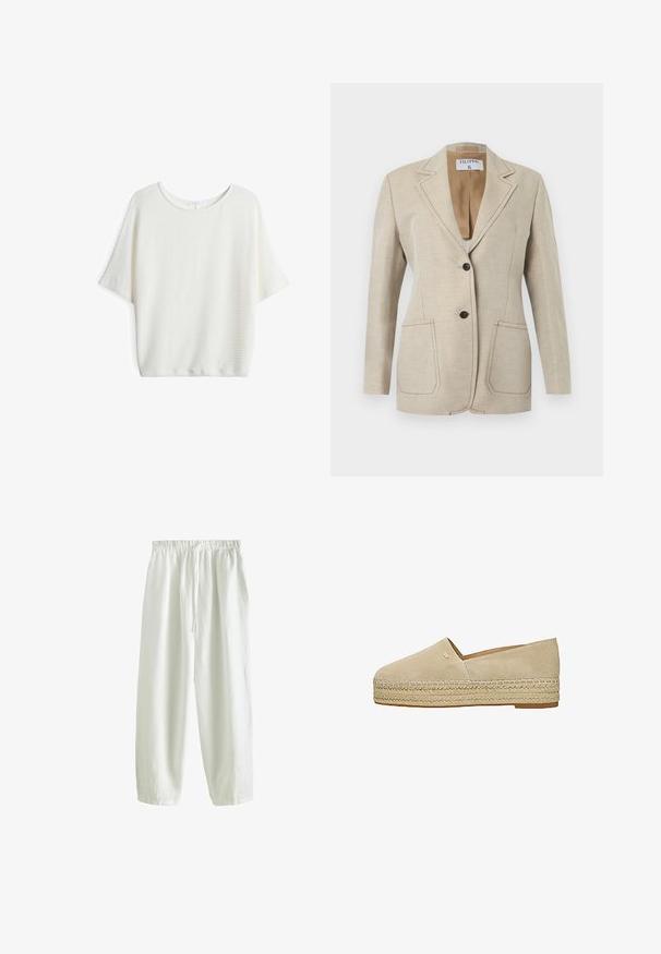 Beige op maat gemaakte blazer met twee zwarte knopen, een notched reverskraag en twee voorzakken, afgebeeld tegen een witte achtergrond.; Witte top met korte mouwen en een ronde hals, gemaakt van een gestructureerde, geweven stof en met een losse pasvorm, geschikt voor casual kleding.; Losse witte broek met elastische tailleband en trekkoord, rechte pijpen, gemaakt van lichte stof.; Beige suède instappers met gevlochten jute plateauzool en een klein metalen logo aan de bovenzijde.
