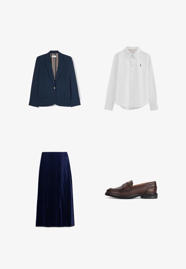 Blazer azul marino con un solo botón dorado, solapas con muesca, dos bolsillos frontales con solapa y forro interior a rayas.; Camisa blanca de manga larga con botones, cuello y pequeño logo bordado en negro de jugador de polo en el pecho izquierdo.; Falda midi plisada de color navy, confeccionada en una tela ligera con textura suave, que presenta pliegues verticales espaciados uniformemente y una cintura elástica.; Mocasín de cuero marrón oscuro con suela negra, detalles de costuras y puntera redondeada, mostrado de lado sobre un fondo blanco.