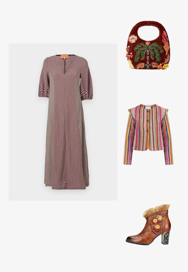 Veste rayée multicolore avec un col rond, fermeture à trois boutons et épaules structurées. Fabriquée en tissu texturé tissé.; Robe à carreaux en rose, blanc et noir. Elle présente un décolleté en V, des manches bouffantes et une silhouette droite. Tissu doux avec une texture lisse.; Bottine en cuir marron avec broderie florale, clous décoratifs, bordure en tissu à volants et talon carré noir orné de motifs.; Petit sac à main rouge foncé avec une poignée circulaire, décoré de perles vertes, orange, jaunes et pêche formant des motifs floraux et abstraits.