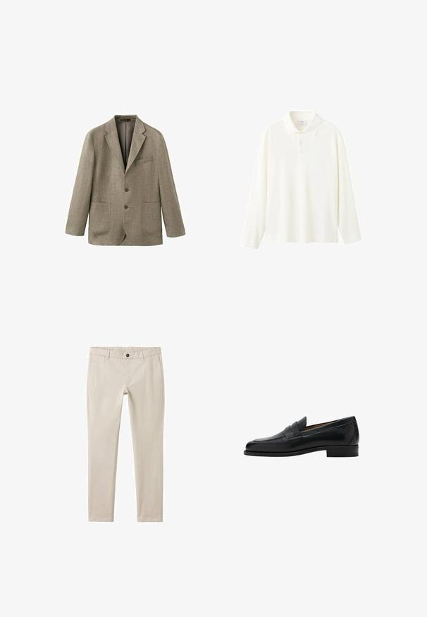 Blazer pour homme à simple boutonnage avec un motif pied-de-poule marron et beige, deux boutons, revers crantés et poches plaquées.; Polo à manches longues en coton écru, avec un col classique, une patte de boutonnage à trois boutons et une coupe décontractée sans motifs visibles.; Pantalon beige clair en tissu lisse, doté d'une coupe droite, de poches avant, d'une fermeture à bouton unique et d'un ourlet net.; Mocassin penny en cuir noir avec talon bas, bout arrondi et une bride sur la partie supérieure de la chaussure.