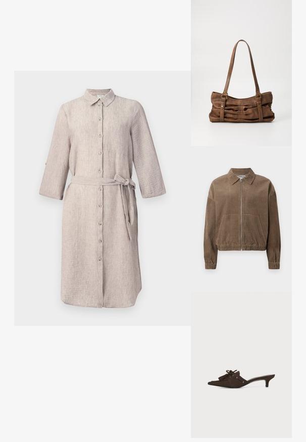 Chaqueta de pana marrón con cierre de cremallera en la parte delantera, cuello y dobladillo elástico. Cuenta con dos bolsillos frontales y puños acanalados, ofreciendo un ajuste relajado.; Vestido de camisa de lino color beige claro con cuello, mangas largas, cierre de botones en la parte delantera y un cinturón a juego. Cuenta con un bolsillo en el pecho.; Zueco puntiagudo de ante marrón oscuro con tacón bajo de tipo kitten, borlas decorativas y detalle de encaje sobre fondo blanco.; Even&Odd Bolso de mano - brown
