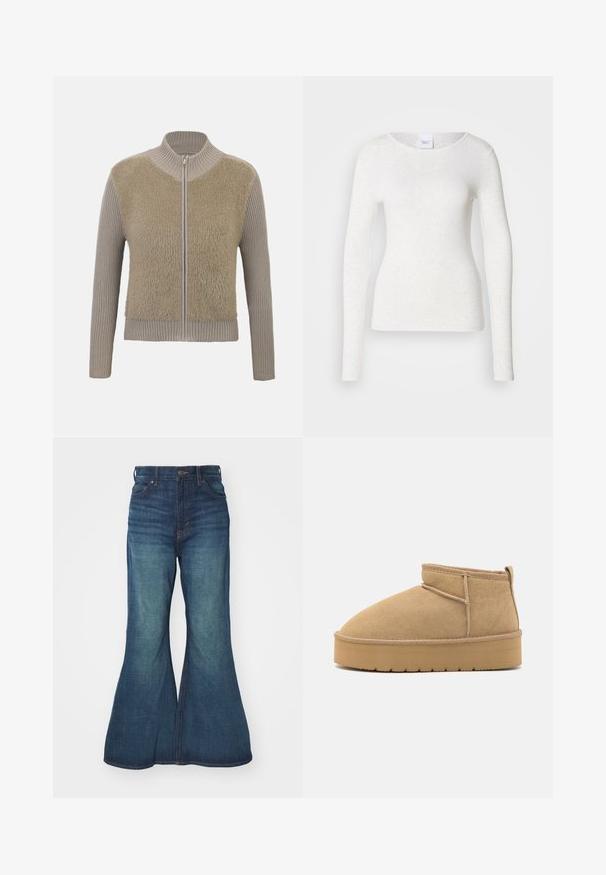 Beige trui met ritssluiting, geribbelde mouwen en textuurrijke, pluizige voorkant. Voorzien van een hoge kraag en een recht gesneden ontwerp.; Wit T-shirt met lange mouwen van een zachte, lichtgewicht stof, met een ronde halslijn en een aansluitende pasvorm, met een subtiele textuur.; Uitlopende spijkerbroek in middelblauw, met een hoge taille, vijf zakken en contrasterende stiksels. Soepele textuur met een lichte vervaging.; Beige suède enkellaarzen met een ronde neus, minimale stiksels en een lichtbruine rubberen zool met een getextureerd patroon.