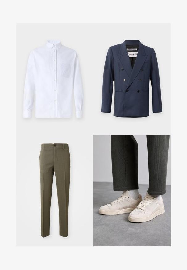 Dubbele-breasted marineblauwe blazer met gelapte revers, voorzien van zes zwarte knopen en twee voorkezen. Gladde stoftextuur en strakke lijnen.; Witte lange mouwen overhemd van katoen, met een borstzak met tonale borduring, een kraag en knopenmanchetten.; Olijfgroene op maat gemaakte broeken met een gladde textuur, recht pijpdesign, enkele frontknop en zijzakken voor functionaliteit.; Beige sneakers van suede en mesh, met geperforeerde accenten, platte veters en een dikke zool. Dragen met groene corduroy broek.