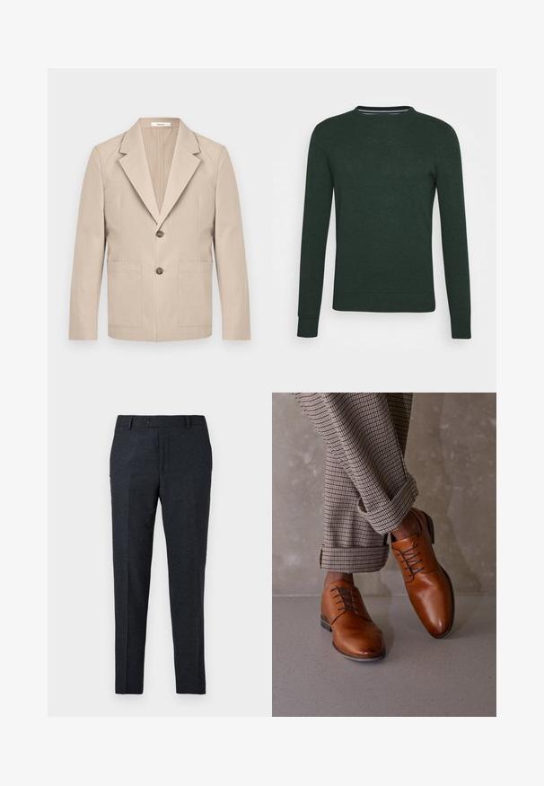 Blazer beige en coton, avec revers cranté, deux poches avant et une fermeture à un bouton. Tissu lisse et structuré.; Pull en tricot vert foncé avec un col rond, des manches longues et des poignets et un bas côtelés. Texture lisse sans motifs ni accents visibles.; Pantalons taillés gris foncé en tissu texturé. Présentent une fermeture à un seul bouton et un design à jambes droites avec poches latérales.; Des chaussures en cuir marron présentent un bout arrondi, un laçage à cinq œillets et des lacets sombres contrastés. Le pantalon est à carreaux, retroussé aux poignets.