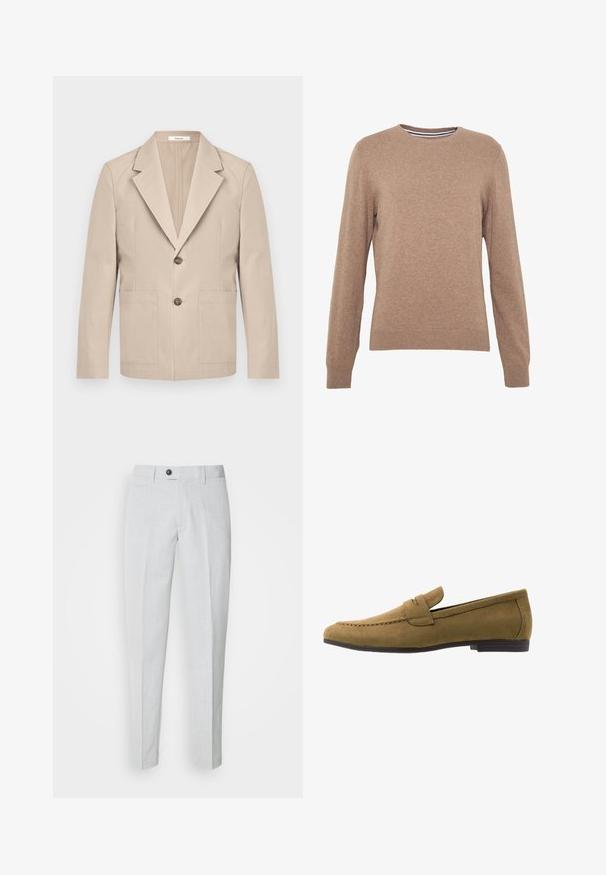 Blazer beige en coton, avec revers cranté, deux poches avant et une fermeture à un bouton. Tissu lisse et structuré.; Pull marron en tissu tricoté, avec un col rond et des manches longues. Poignets et ourlet côtelés, couleur unie avec une texture douce.; Pantalon gris clair en tissu texturé, avec une fermeture bouton, une taille plate et des jambes fuselées pour un ajustement épuré.; Mocassin pour homme en daim marron clair avec un petit talon noir et une lanière sur le dessus, présenté de profil sur un fond blanc.
