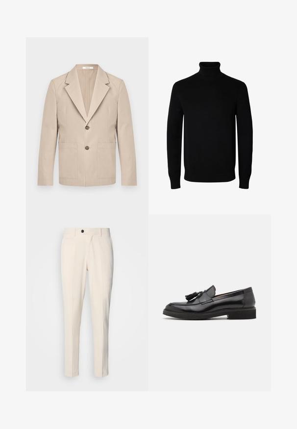 Beige Blazer aus Baumwolle mit Reverskragen, zwei Fronttaschen und einem einzigen Knopfverschluss. Glatter, strukturierter Stoff.; Schwarzer Langarm-Rollkragenpullover mit gerippten Bündchen und Saum, auf einem schlichten weißen Hintergrund dargestellt.; Beige maßgeschneiderte Hosen mit flacher Vorderseite, Ein-Knopf-Verschluss und zwei schrägen Seitentaschen. Glattes Material mit schmaler Passform und spitz zulaufendem Bein.; Schwarze Lederl der mit Quastendetail, abgerundetem Zeh und strukturiertem Absatz. Verfügt über eine glatte Oberfläche und ein minimalistisches Design.