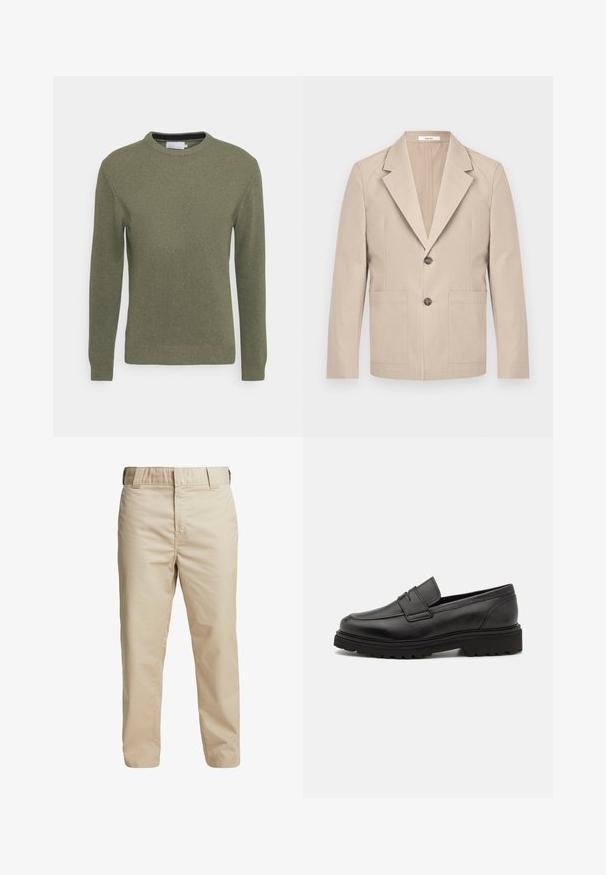 Beige Blazer aus Baumwolle mit Reverskragen, zwei Fronttaschen und einem einzigen Knopfverschluss. Glatter, strukturierter Stoff.; Grüner Rundhalsausschnitt-Pullover aus strukturiertem Strickmaterial. Verfügt über lange Ärmel sowie gerippte Bündchen und Saum. Schlichtes, ungeschmücktes Design.; Beige Baumwollhose mit schmaler Passform, geraden Beinen und Gürtelschlaufen; glatte Textur und minimalistisches Design ohne sichtbare Akzente.; Schwarze Lederloafer mit runder Zehenpartie, genähten Details und einer dicken, strukturierten Sohle. Verfügt über ein schlankes, minimalistisches Design.