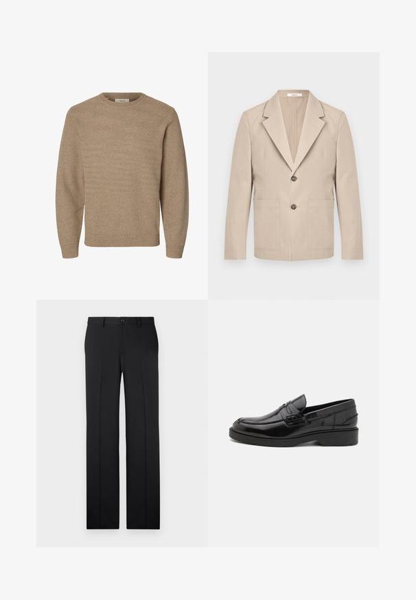 Beige blazer lavet af bomuld, med en nedskåret revers, to frontlommer og en enkelt knaplukning. Glat, struktureret stof.; Beige langærmet strikket sweater med rund halsudskæring og ribstrikkede manchetter og kant, vist på en hvid baggrund.; Sorte, skræddersyede bukser med lige ben, glat stof, pressefolder foran og en enkelt knaplukning i taljen.; Sorte læder loafers med en glat finish, rund tå, lav hæl og dekorativ syning langs forsiden. Gummisål for godt greb.